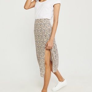 Abercrombie High Slit Midi Skirt Size S Yellow Floral Faux Silk High Waist Y2K